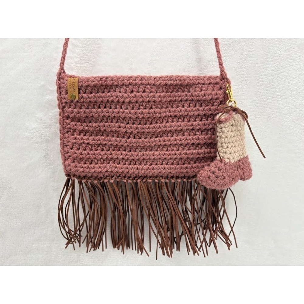 Handmade Crochet Pink Crossbody Purse with Fringe and Cowboy Boot - Picture 6 of 8